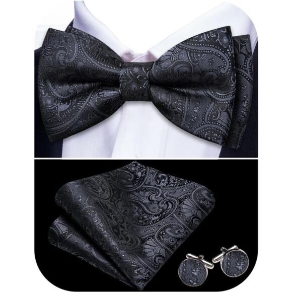 Paisley Striped Bow Tie for Men Silk Pre-Tied Bowtie Pocket Square Cufflinks Set - Picture 1 of 5